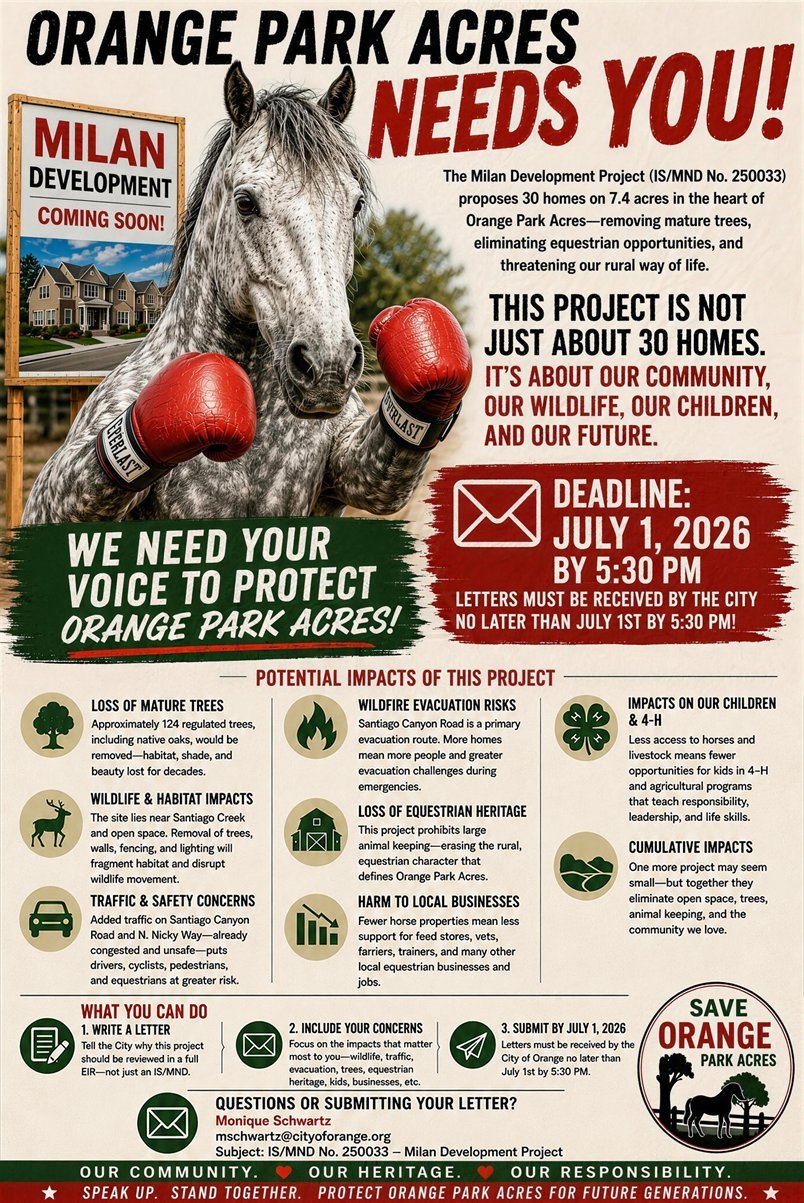 Save Orange Park Acres advocacy flyer regarding the Milan Development Project